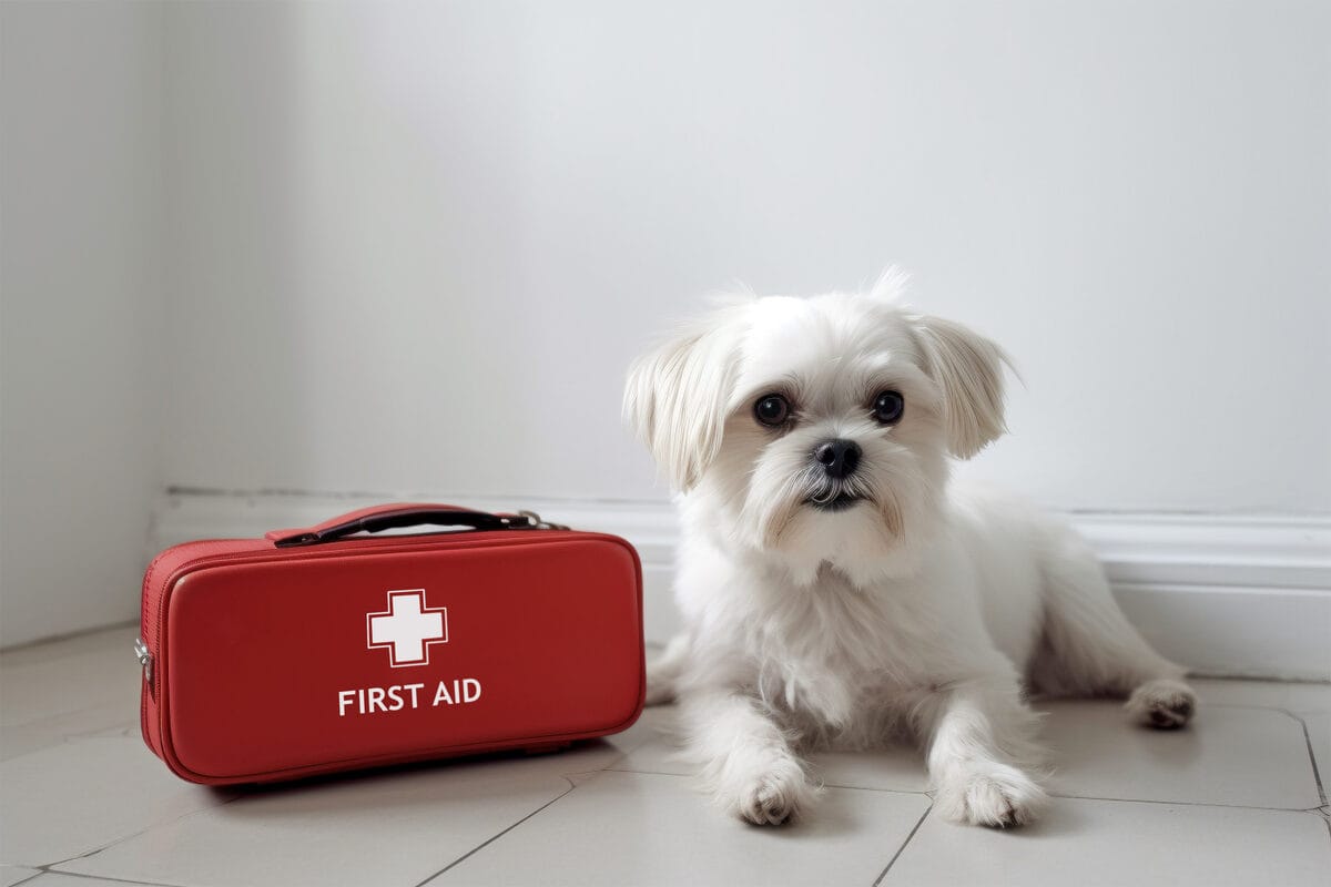 A small white dog sitting beside a red first aid kit