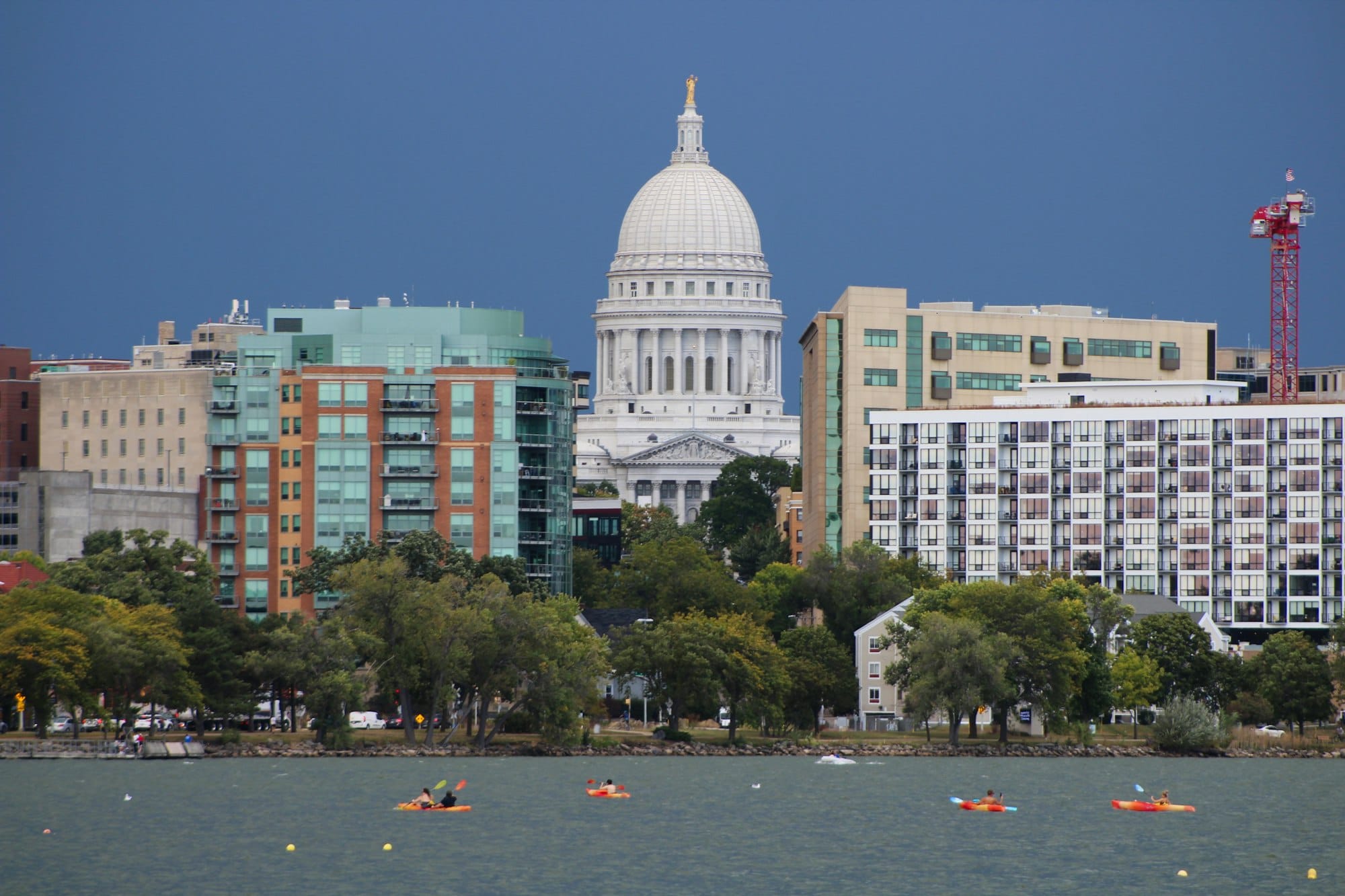 The Wisconsin State Capitol dome seen across the lake in Madison