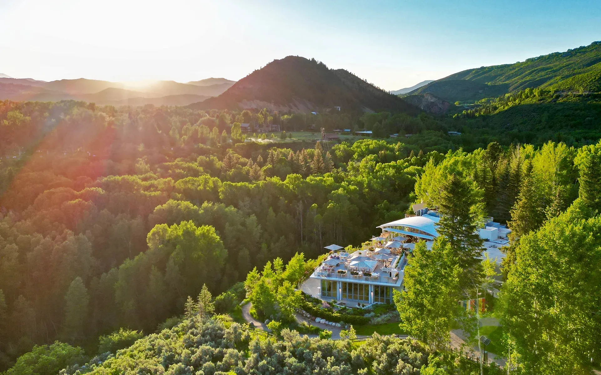 Aerial view of Aspen Meadows Resort in the Colorado Rockies