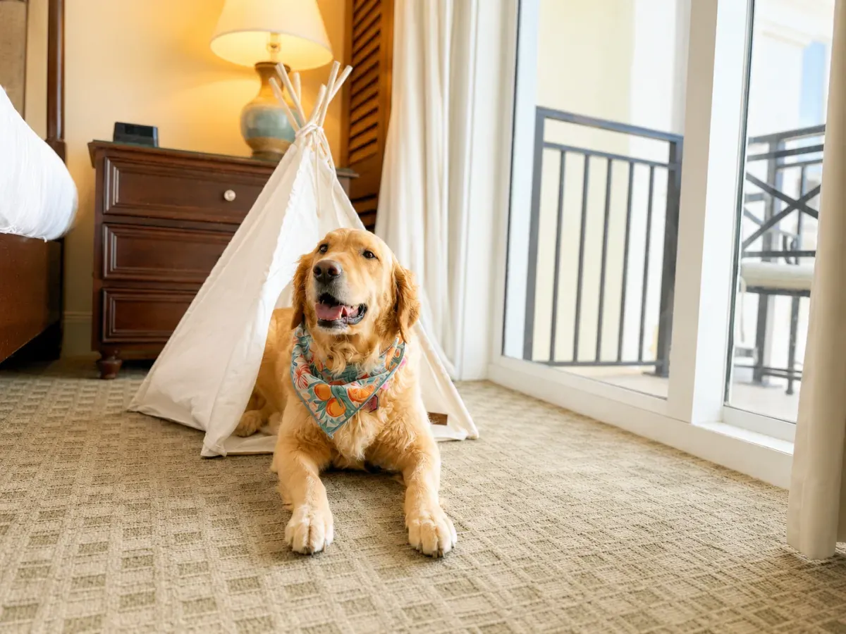 A dog relaxing by the pet teepee in a room at Kimpton Vero Beach