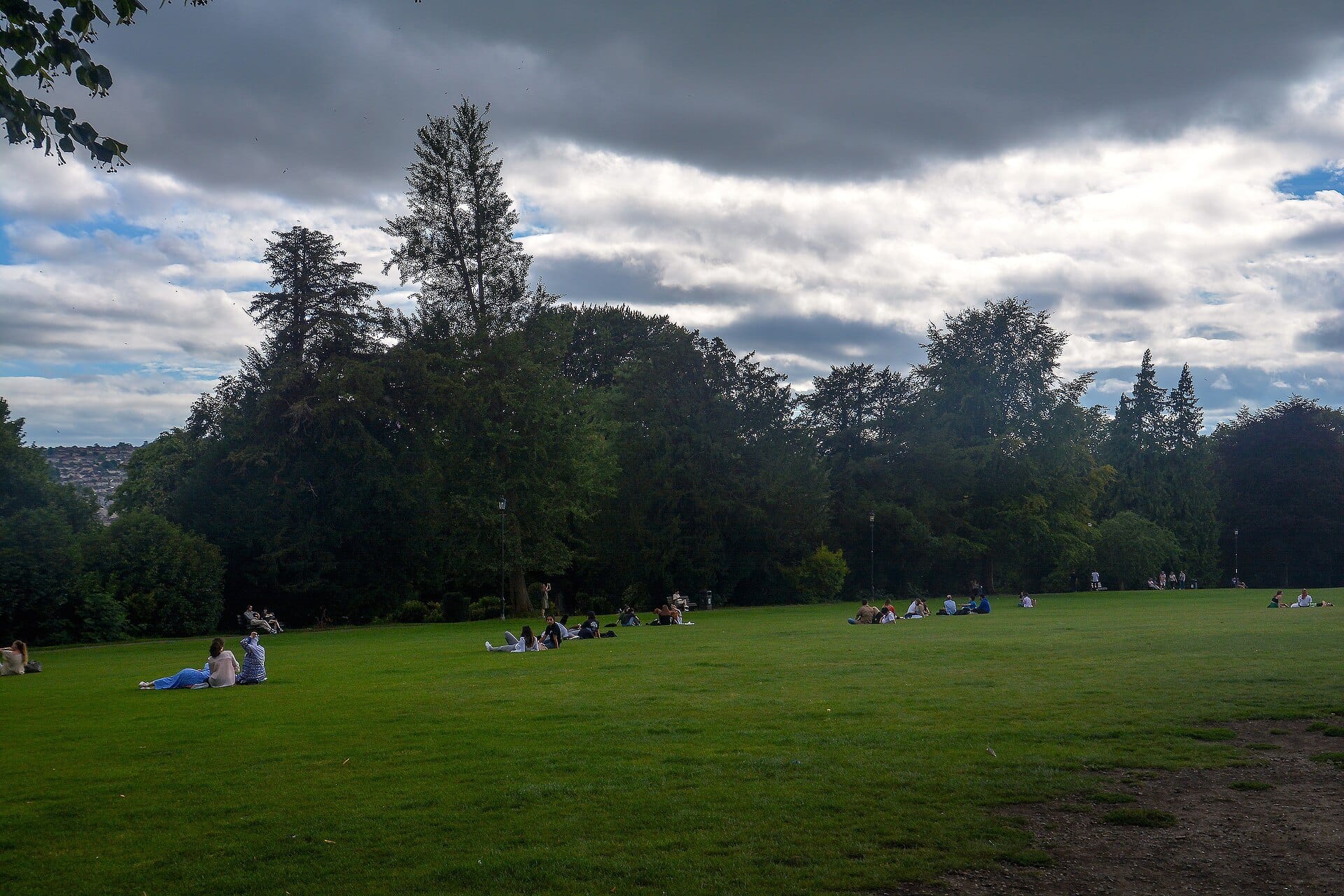 Open lawns and tall trees in Royal Victoria Park, Bath