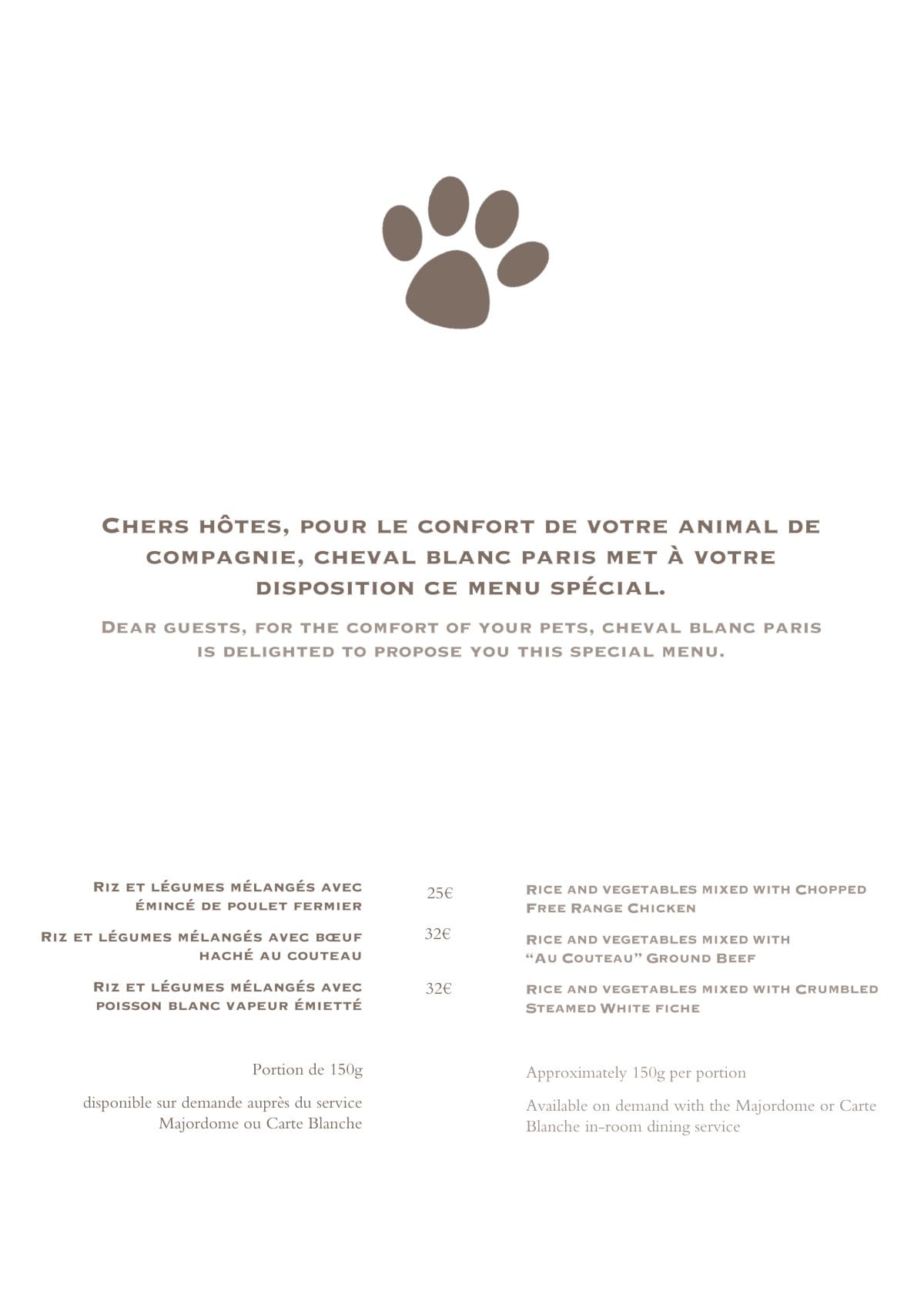 Cheval Blanc Paris dog menu