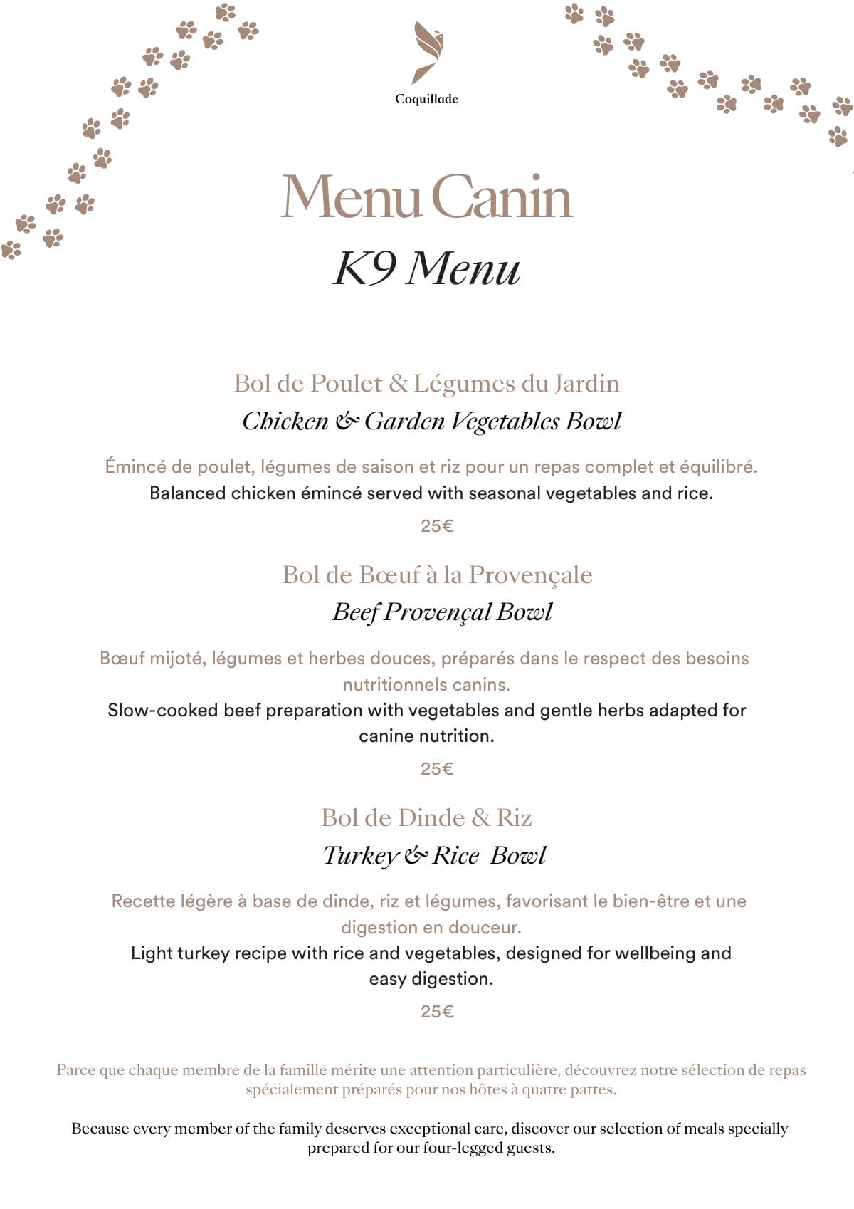 Coquillade Provence dog menu