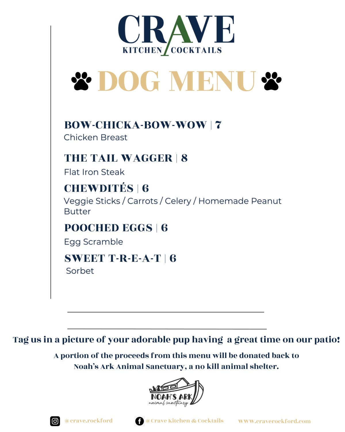 CRAVE Kitchen Cocktails dog menu