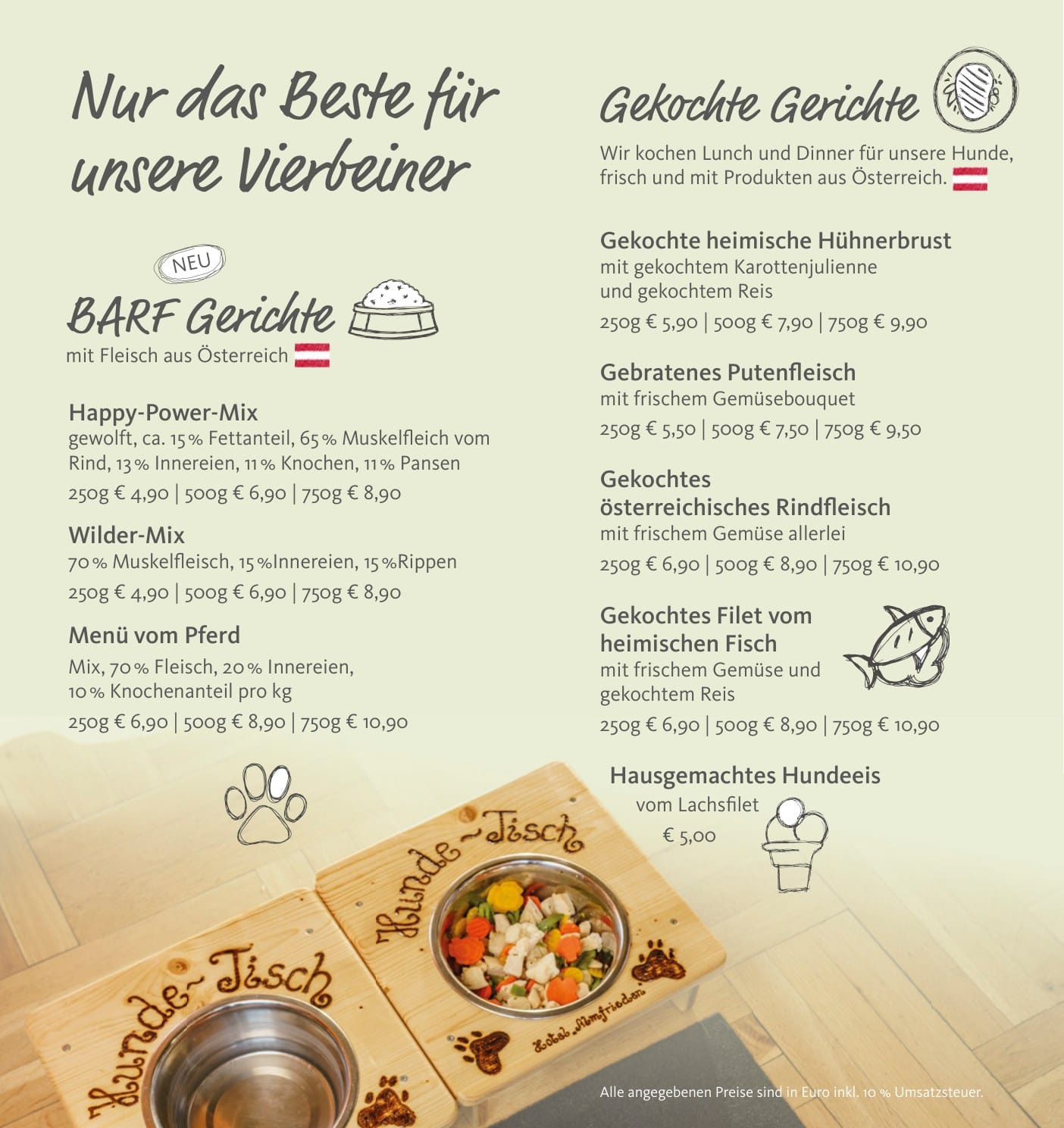 The Hunde Speisekarte at Hotel Almfrieden, with a photograph of dog bowls of cooked meat and vegetables