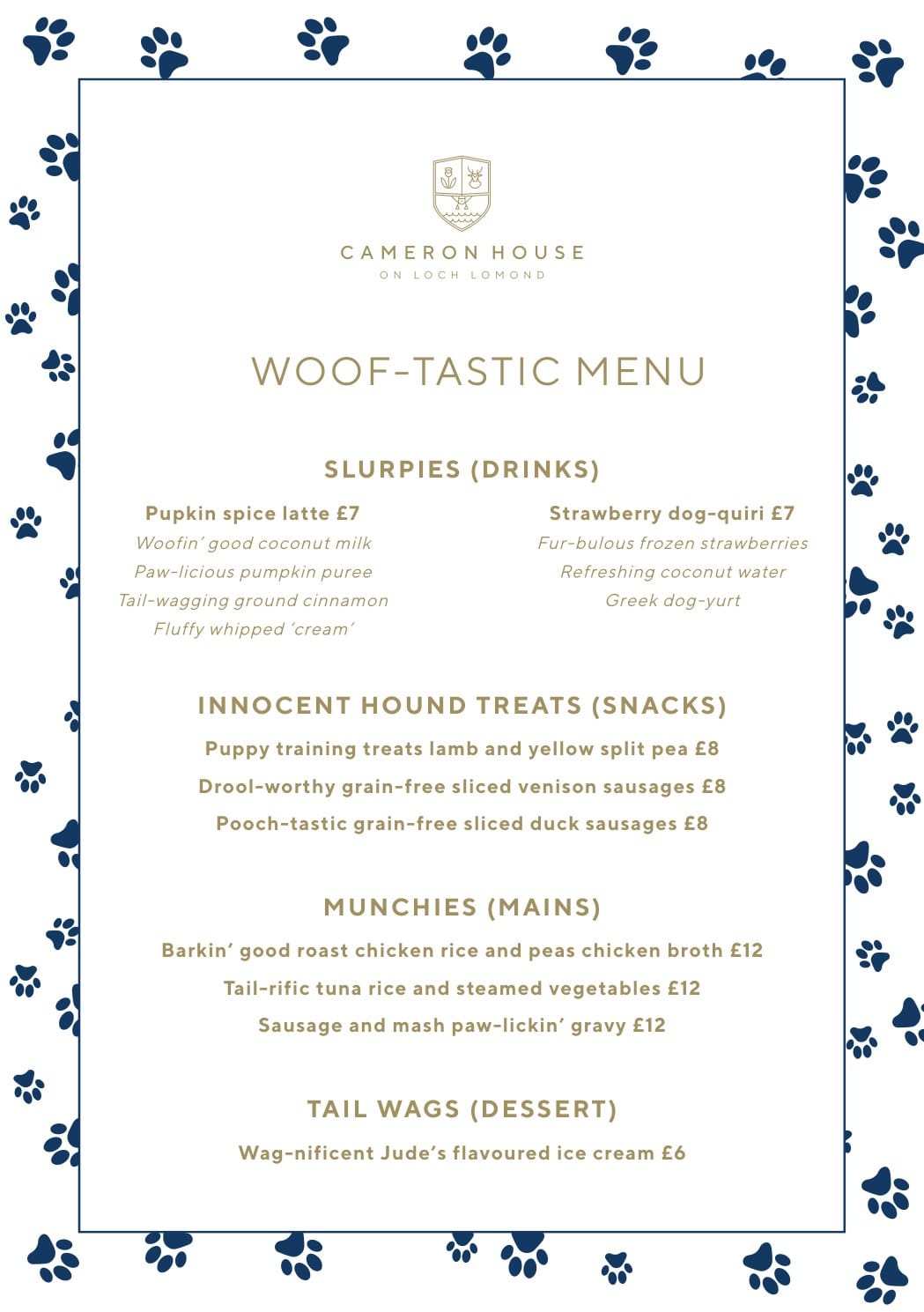The Woof-tastic Menu at Cameron House on Loch Lomond, framed by a border of blue paw prints