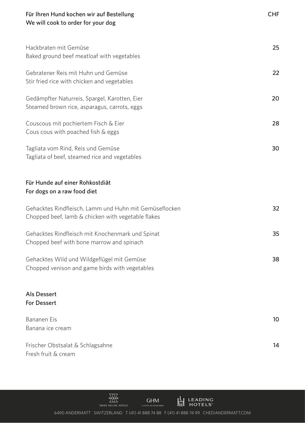 The Chedi Andermatt pets menu, cooked and raw dishes with prices in Swiss francs