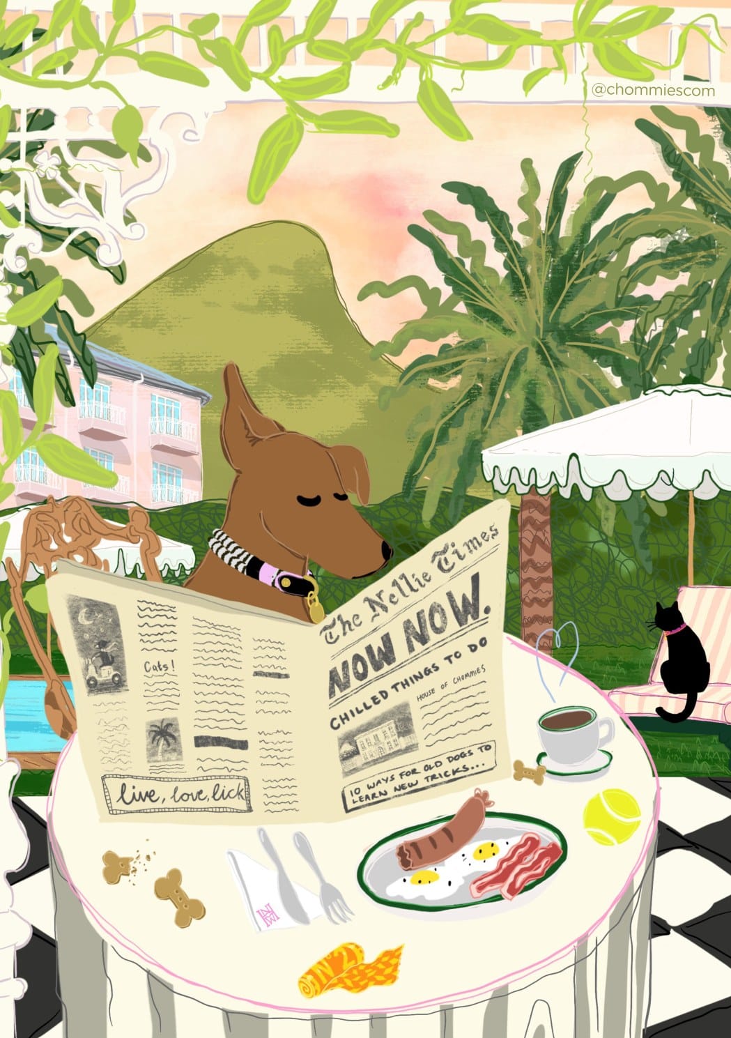 Illustrated cover of the Mount Nelson dog afternoon tea menu, a dog reading The Nellie Times at a garden table