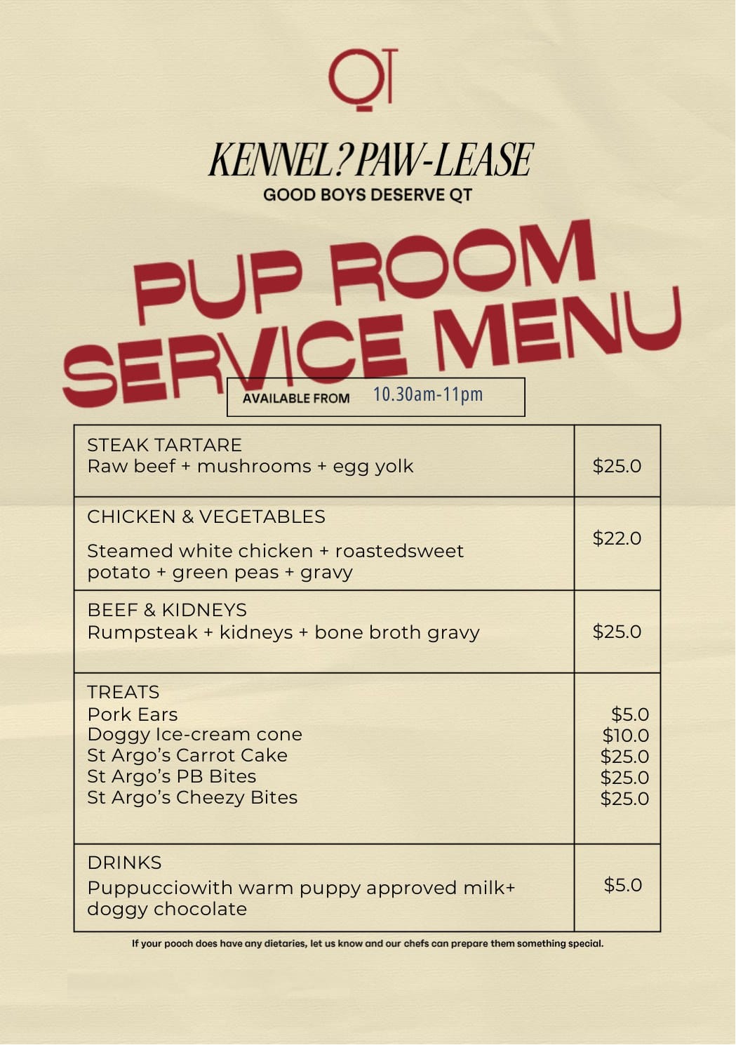 The QT Gold Coast Pup Room Service Menu, titled Kennel? Paw-lease, Good Boys Deserve QT