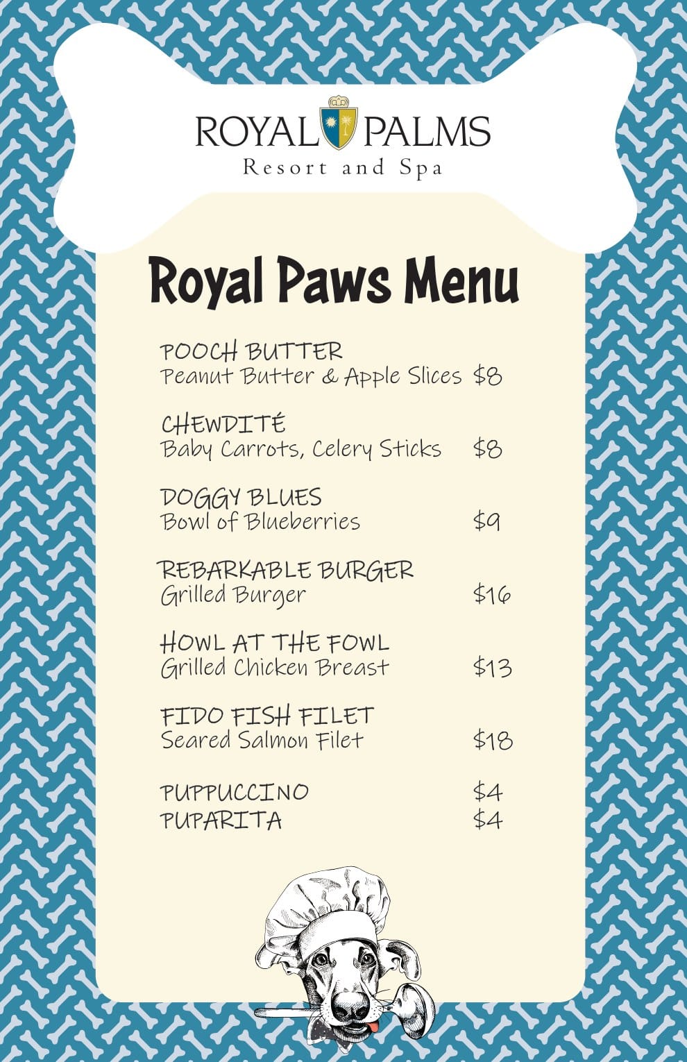 The Royal Paws Menu at Royal Palms Resort and Spa, printed inside a bone shape on a blue dog bone pattern