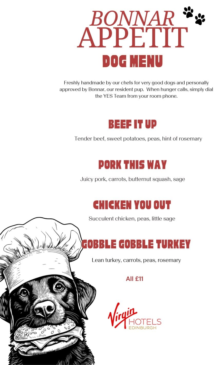 The Bonnar Appetit dog menu at Virgin Hotels Edinburgh, with a drawing of a labrador in a chef's hat eating a burger