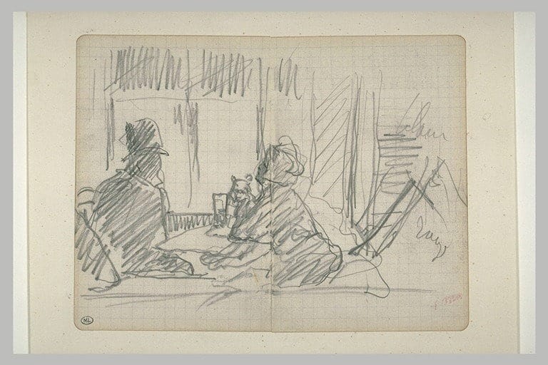 Pencil sketch by Manet of a man and a woman at a café table with a small dog between them