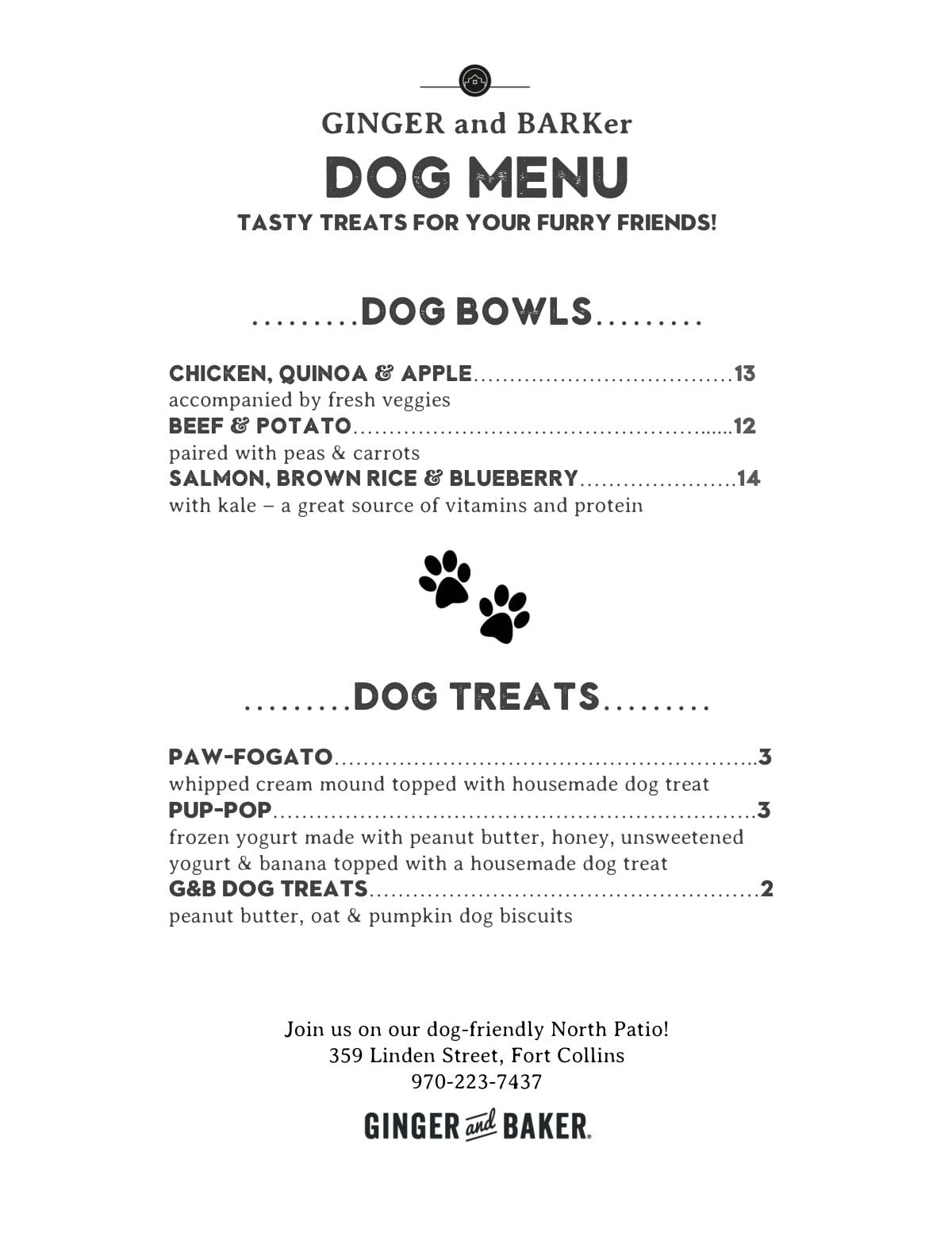 Ginger and Baker dog menu