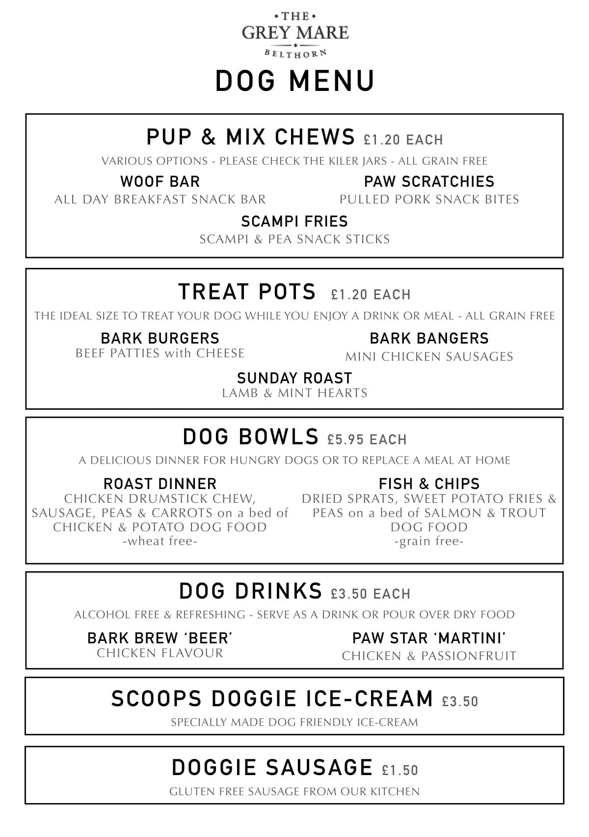 The Grey Mare dog menu