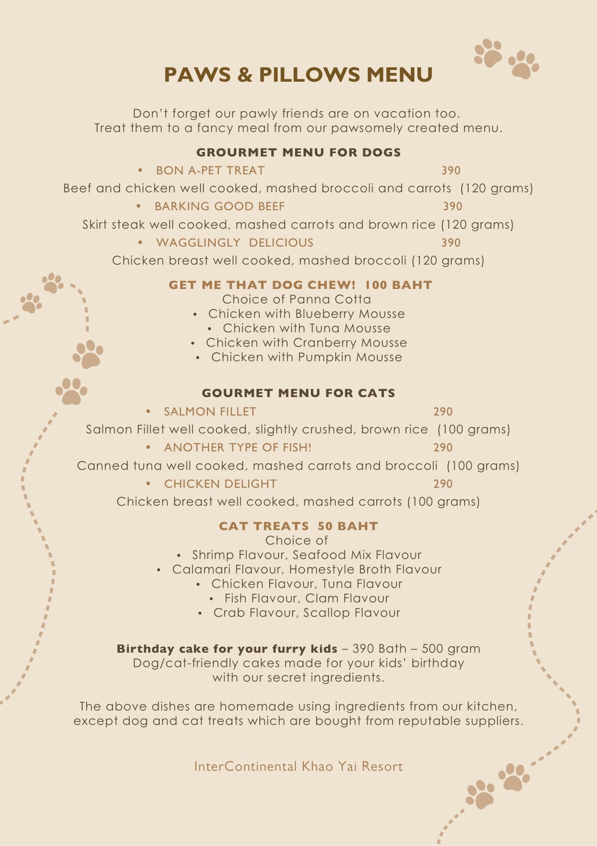 InterContinental Khao Yai Resort dog menu