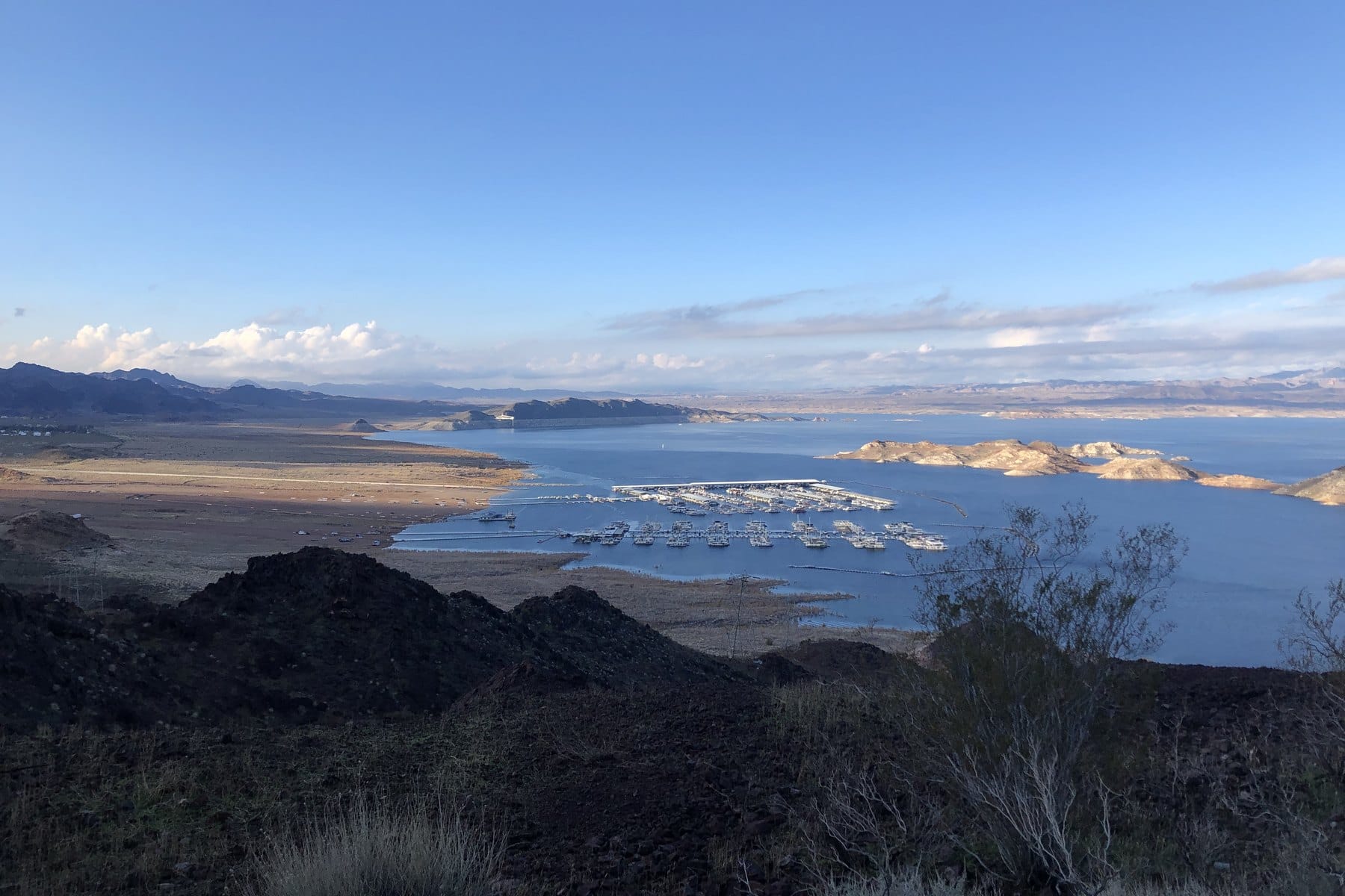 Lake Mead and its marina seen from the Historic Railroad Trail