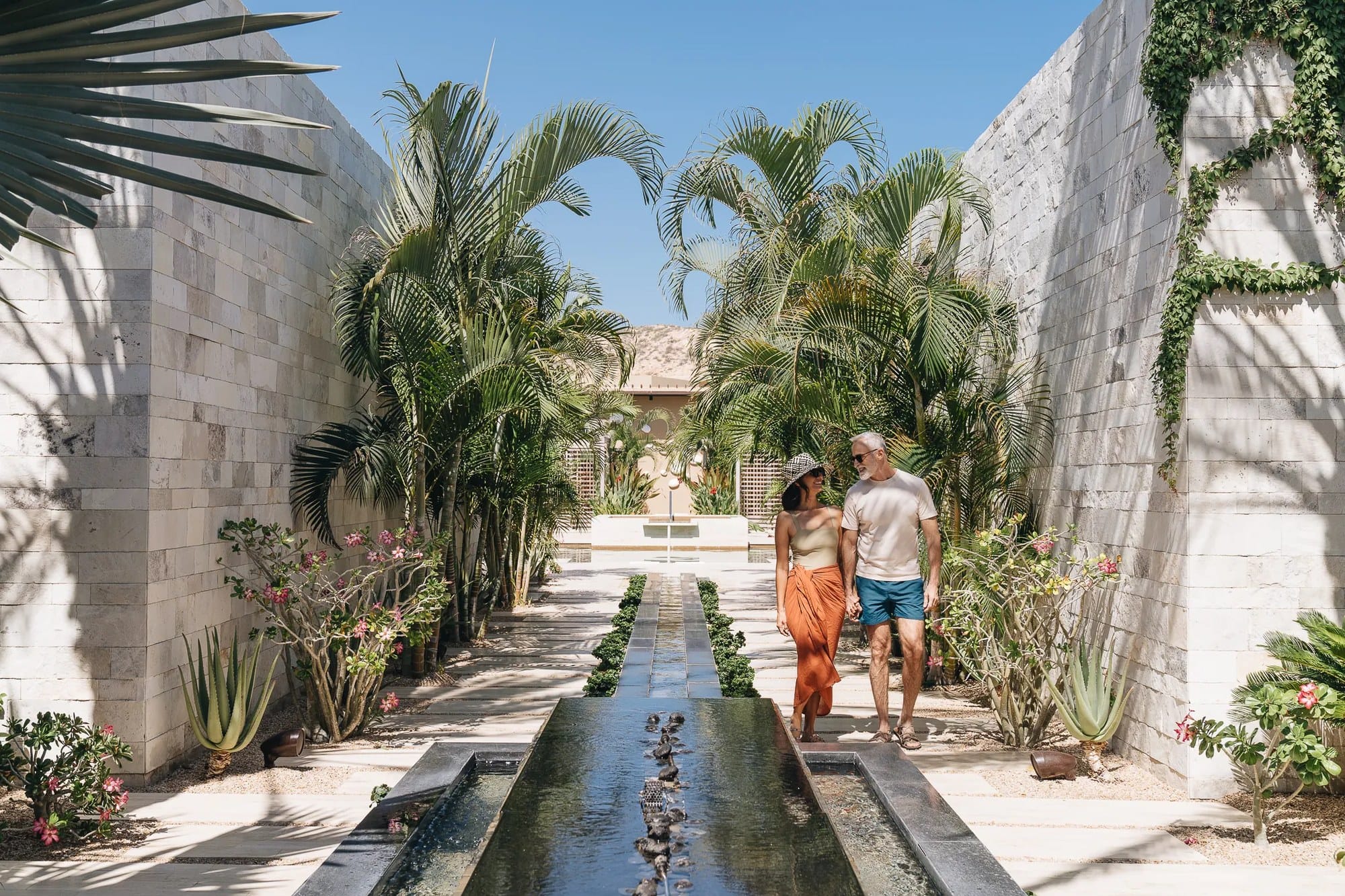 A palm lined garden walkway with a stone water channel at Montage Los Cabos