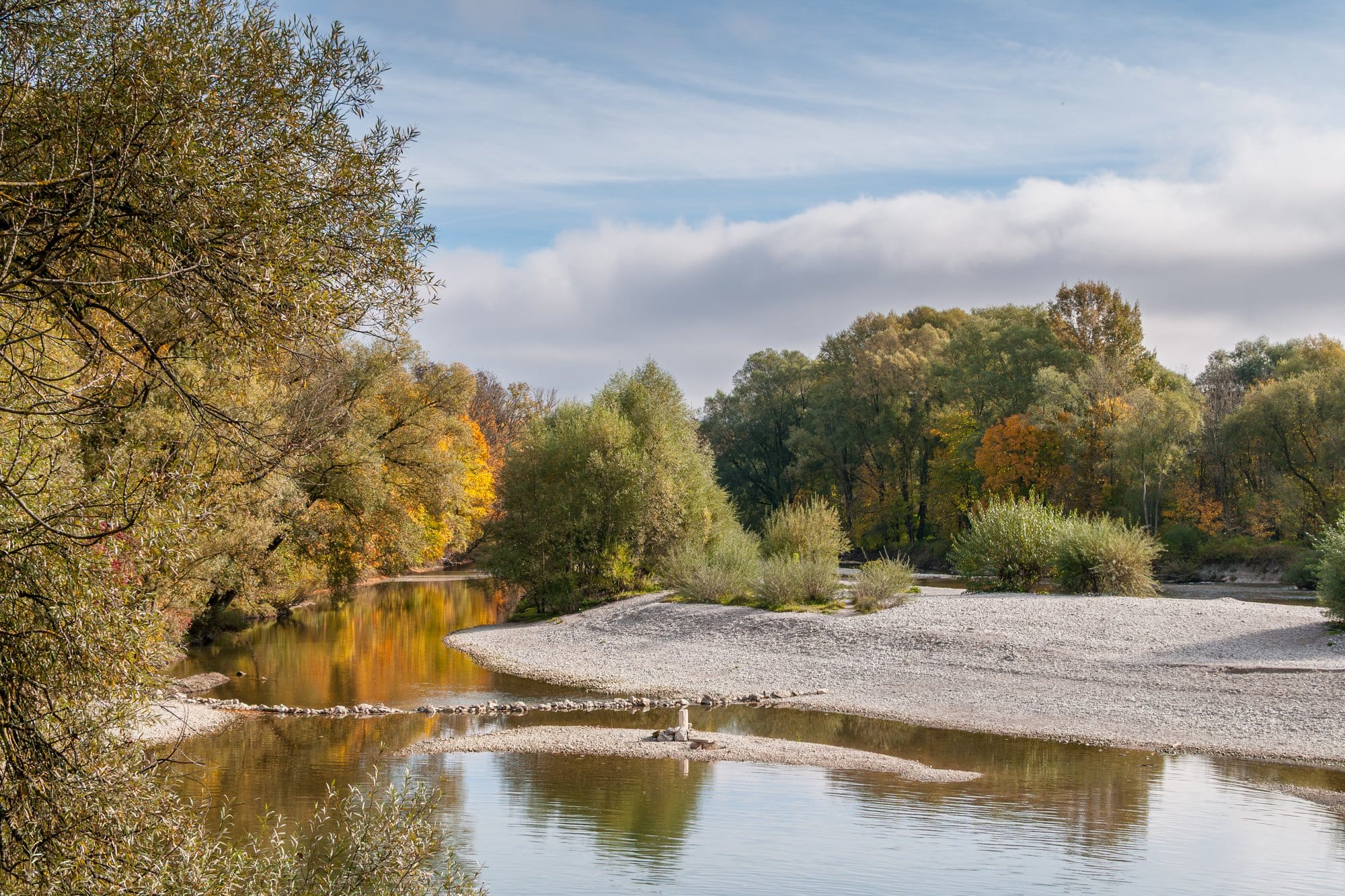 The Isar in autumn at the Flaucher, Munich, with pale gravel banks, willows and trees reflected in calm water
