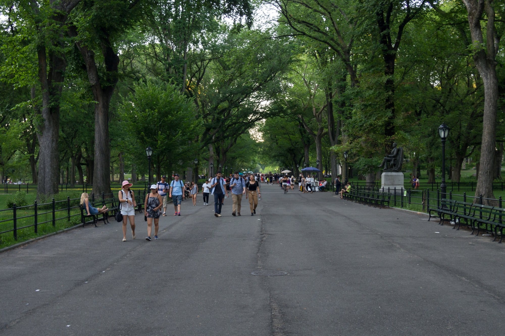 The Mall in Central Park, a wide path under an avenue of tall elms with walkers and benches