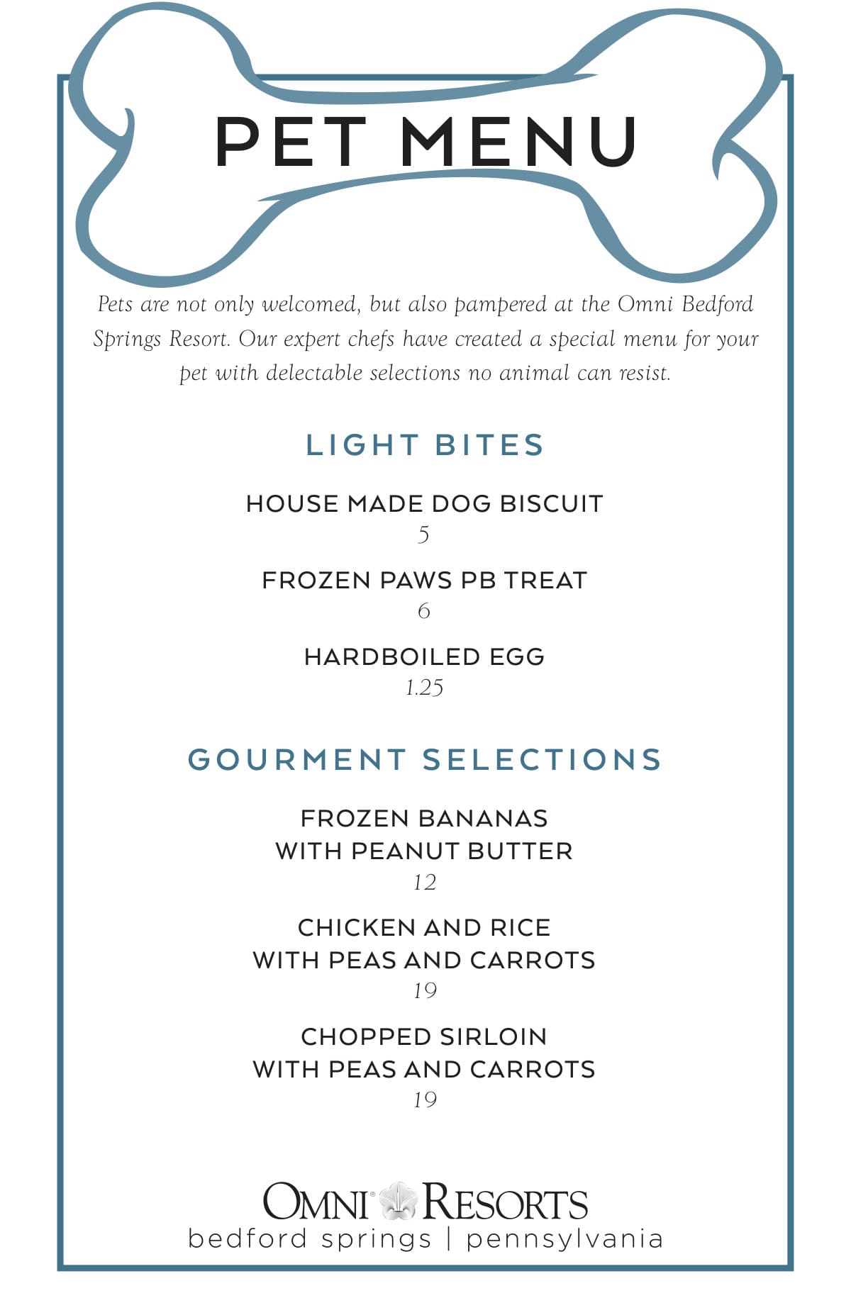 Omni Bedford Springs Resort dog menu
