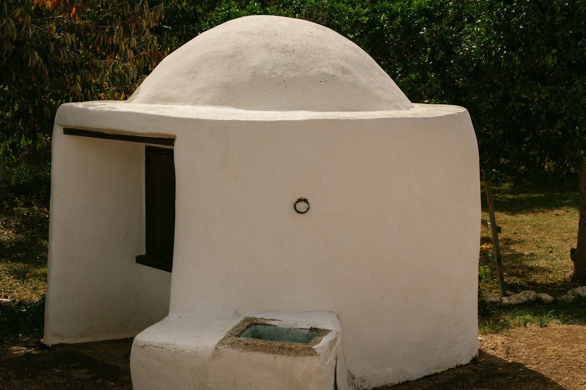 A small whitewashed domed well house among trees