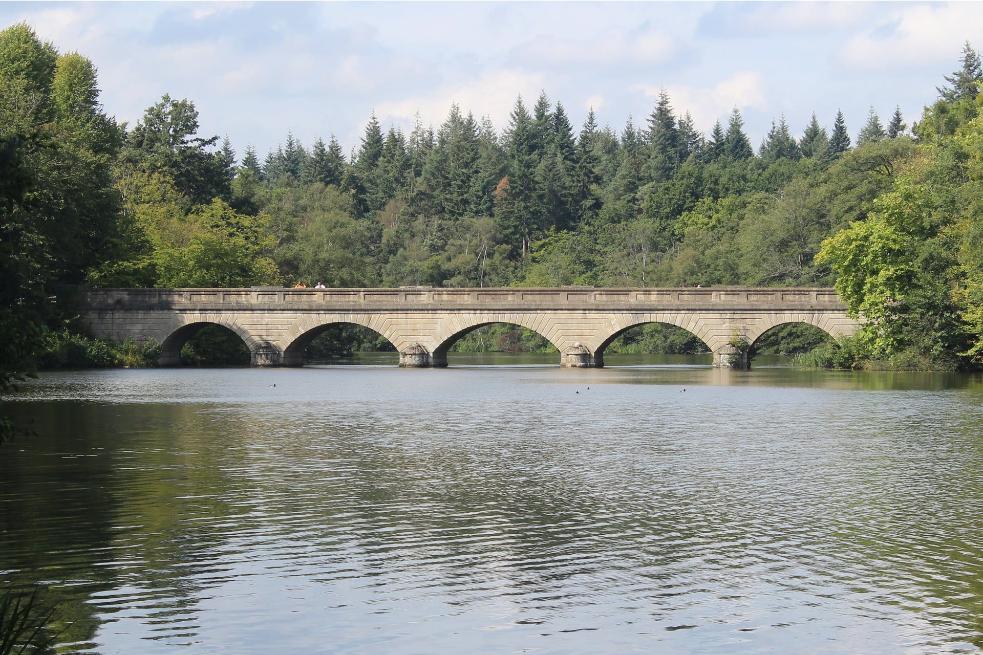 The Five Arch Bridge over Virginia Water lake, framed by woodland