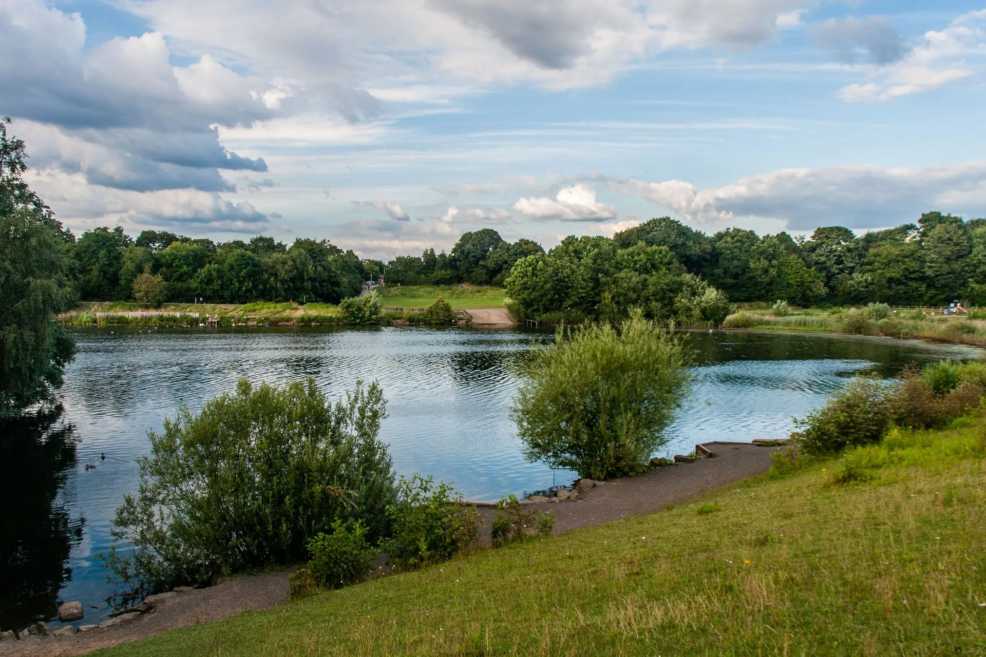 The lake at Chorlton Water Park ringed by trees and grass paths