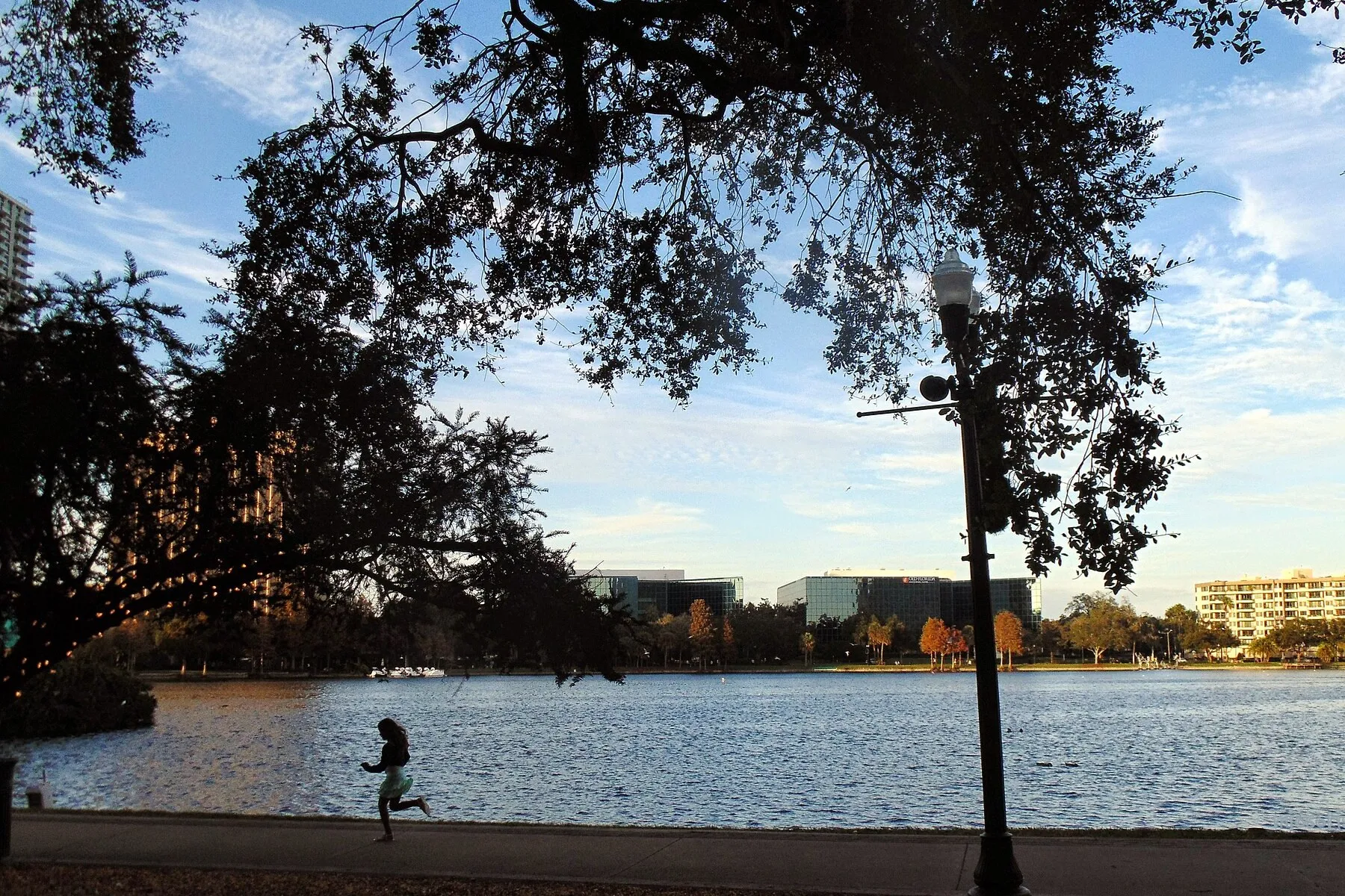 A lakeside path under live oaks at Lake Eola Park, with the water and downtown Orlando beyond