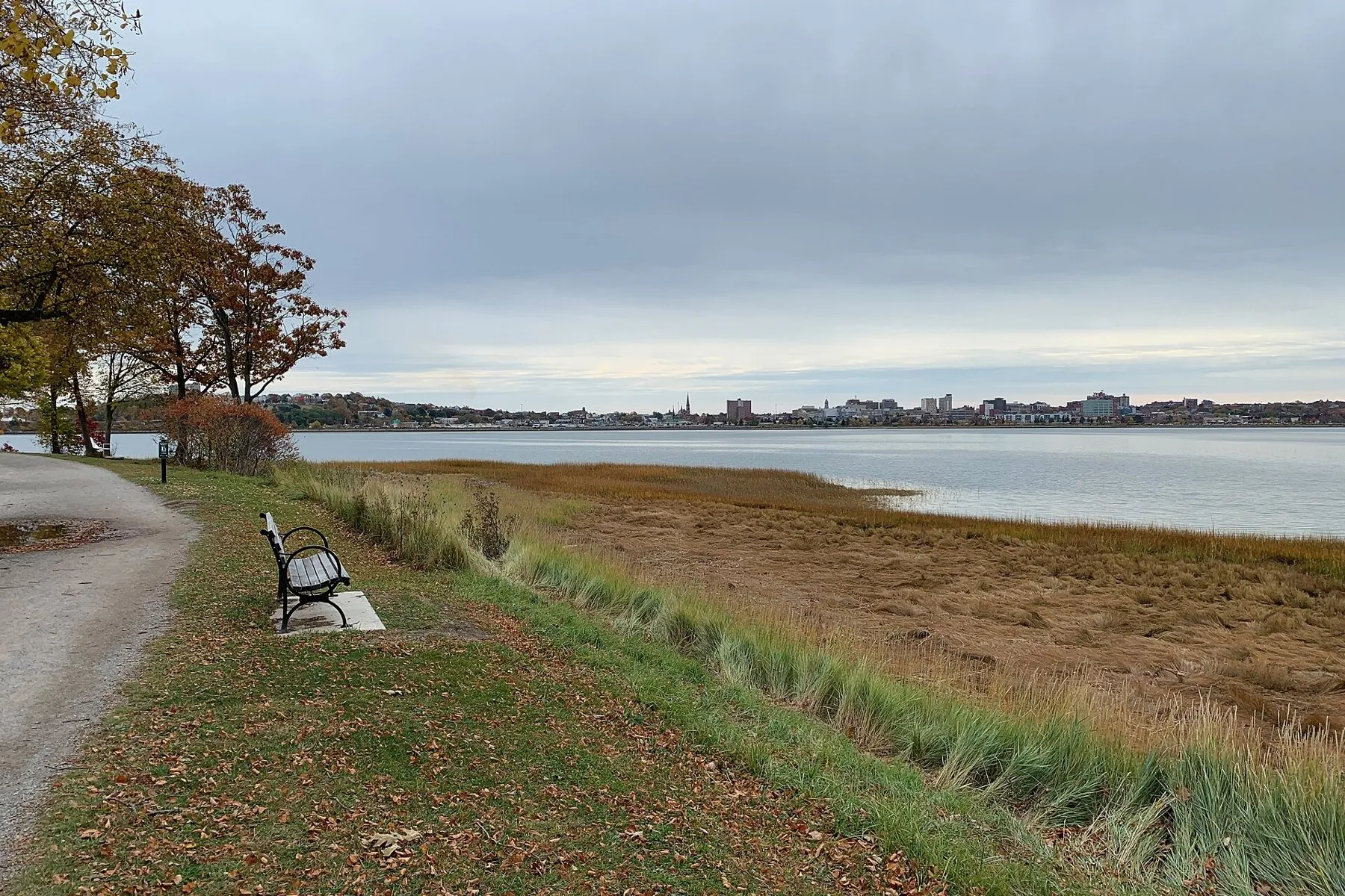 A stone dust path and a bench beside autumn trees and salt marsh on Back Cove, with the Portland skyline across the water
