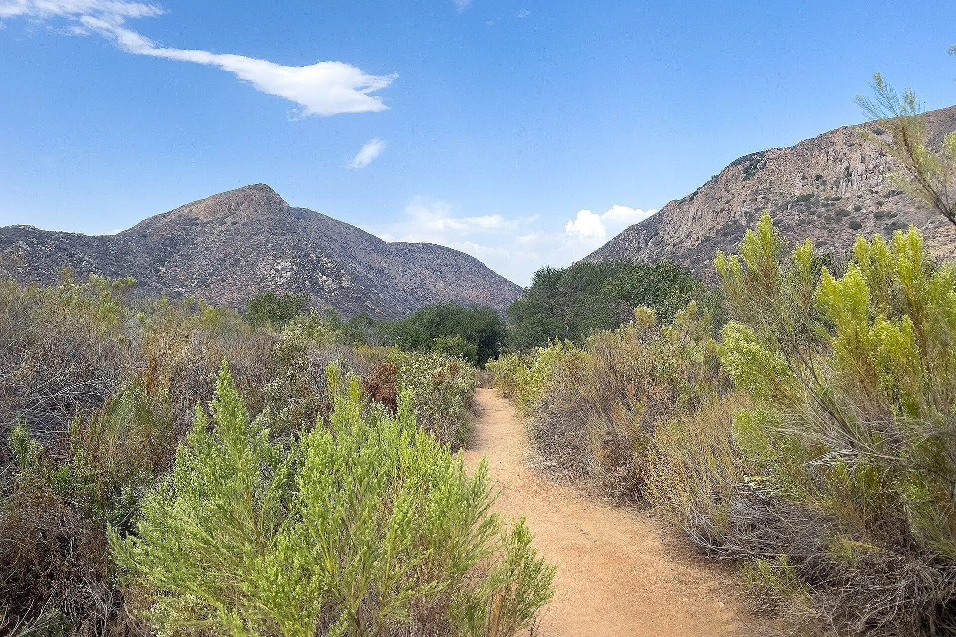A sandy trail through green chaparral towards rocky peaks under a blue sky in Mission Trails Regional Park, San Diego
