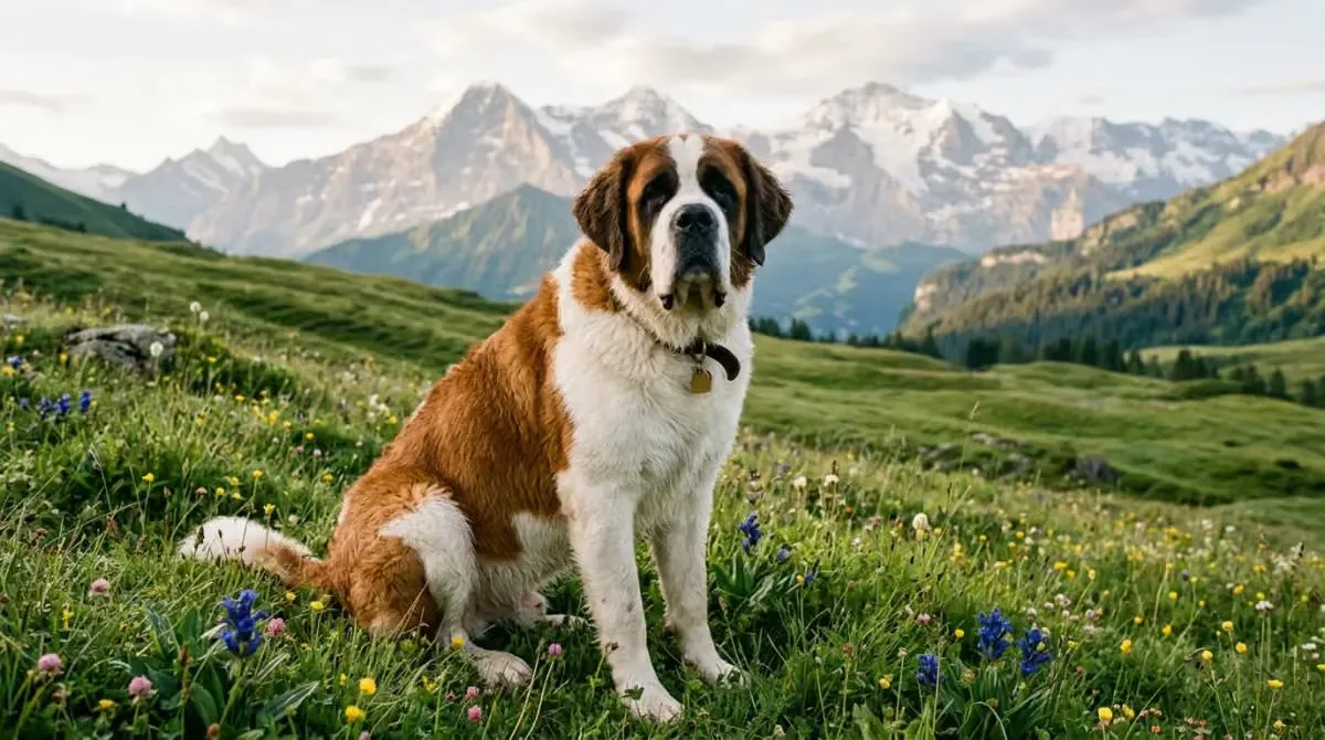 A St Bernard sitting in an alpine meadow