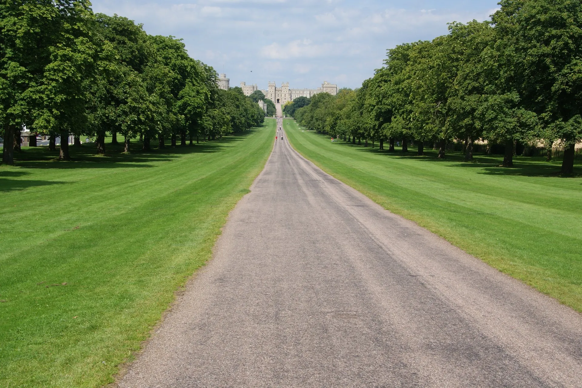 The Long Walk, a tree lined avenue across mown grass leading to Windsor Castle