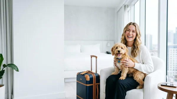 A guest relaxing in a hotel room with her dog beside her suitcase