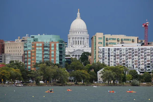 The Wisconsin State Capitol dome seen across the lake in Madison