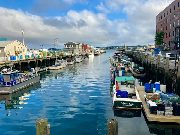Lobster boats tied up along the working waterfront in Portland, Maine