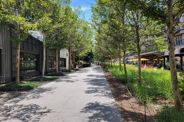 A tree lined paved stretch of the Atlanta BeltLine Eastside Trail in Inman Park, with patios and umbrellas to one side