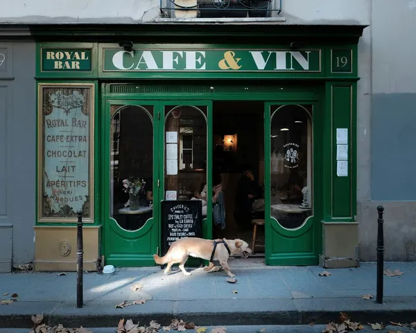A dog at the door of a Parisian café